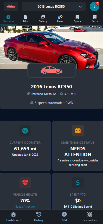 PitStopLog mobile vehicle overview